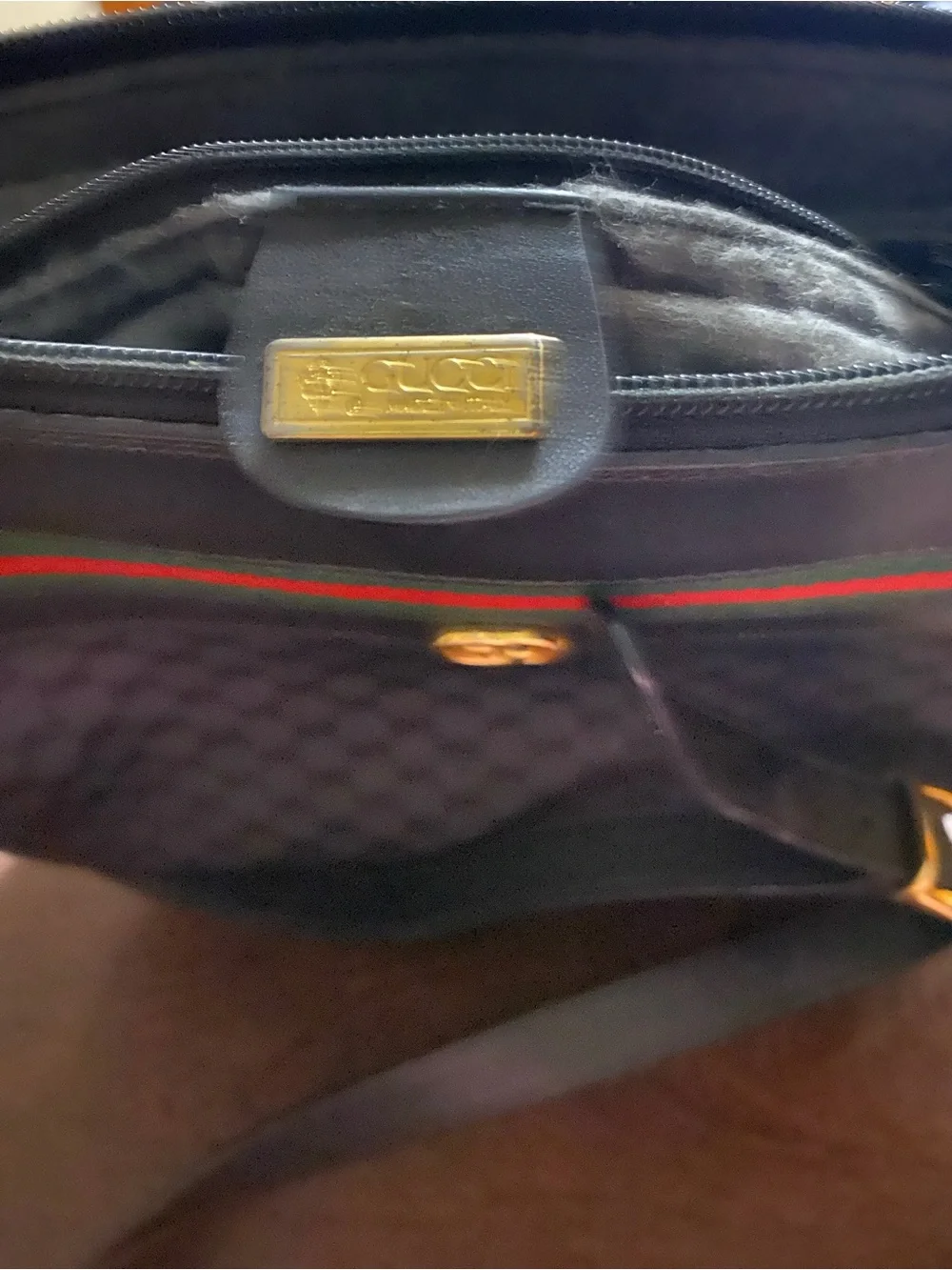 Gucci Black Messenger Bag with Green and Red Stripe and Gold Hardware
